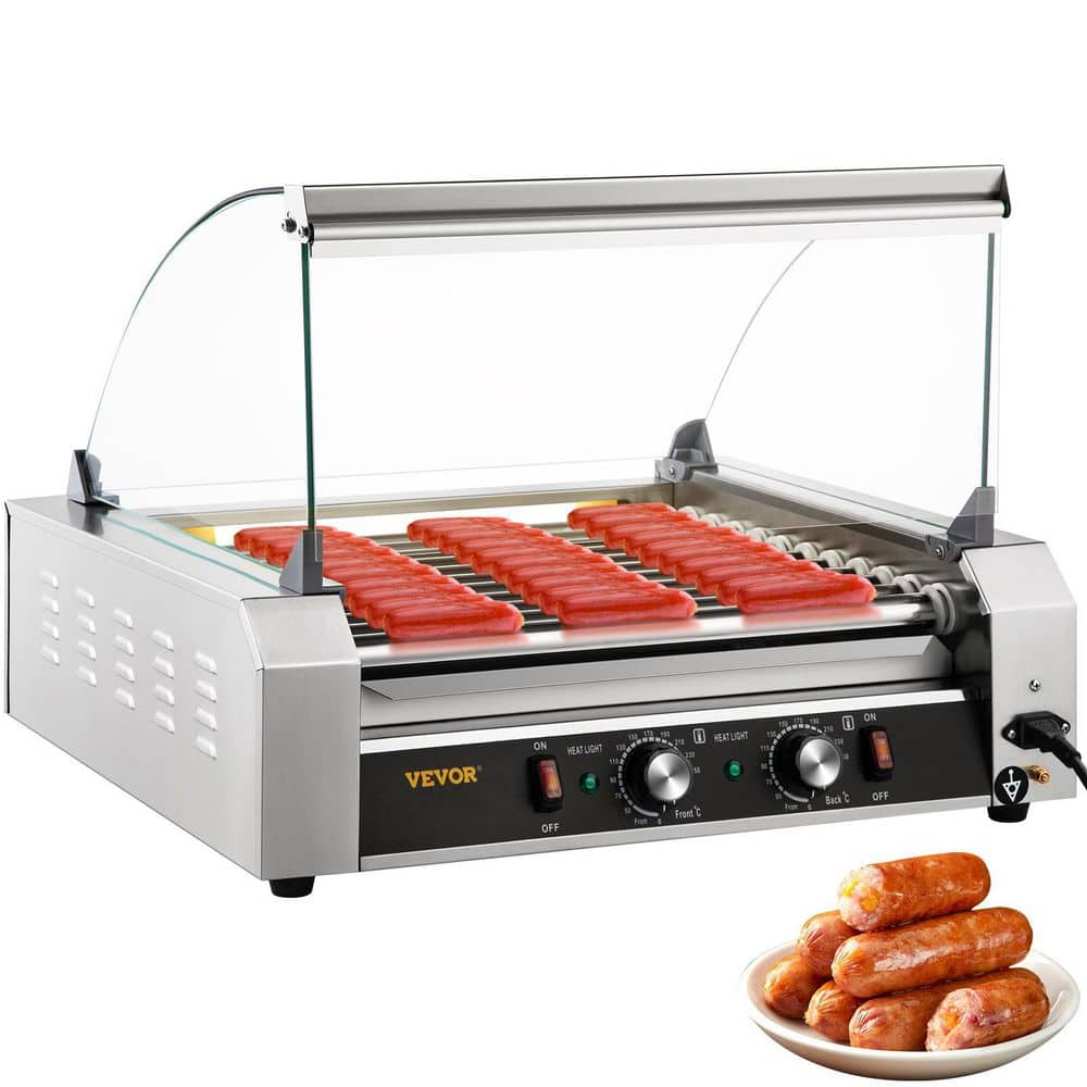 VEVOR Hot Dog Roller 30 Hot Dog Capacity 11 Rollers 1800W Stainless Steel Cook Warmer Machine with Cover Indoor Grills, Silver GYGRGJMC1123XBWL9V1