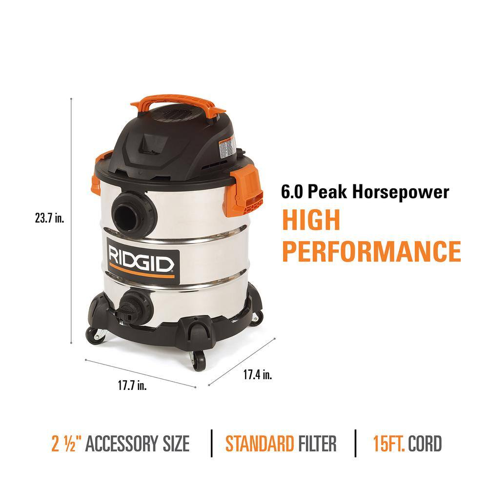 RIDGID 10 Gallon 6.0 Peak HP Stainless Steel WetDry Shop Vacuum with Filter Locking Hose and Accessories WD1060