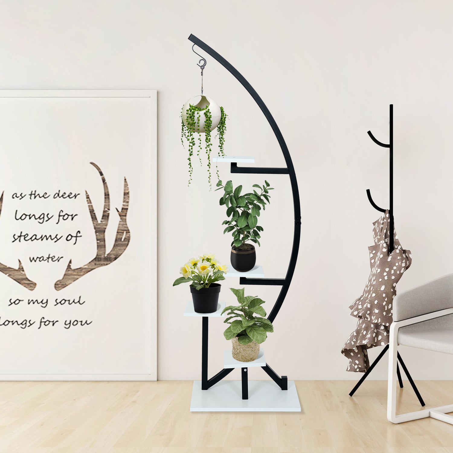 ELECWISH Large Plant Stand Indoor Plant Shelf Stand Half Moon Plant Stands Multi-Purpose Curved Metal Display Rack for Living Room, Garden, Patio(Black White 2 Pack)