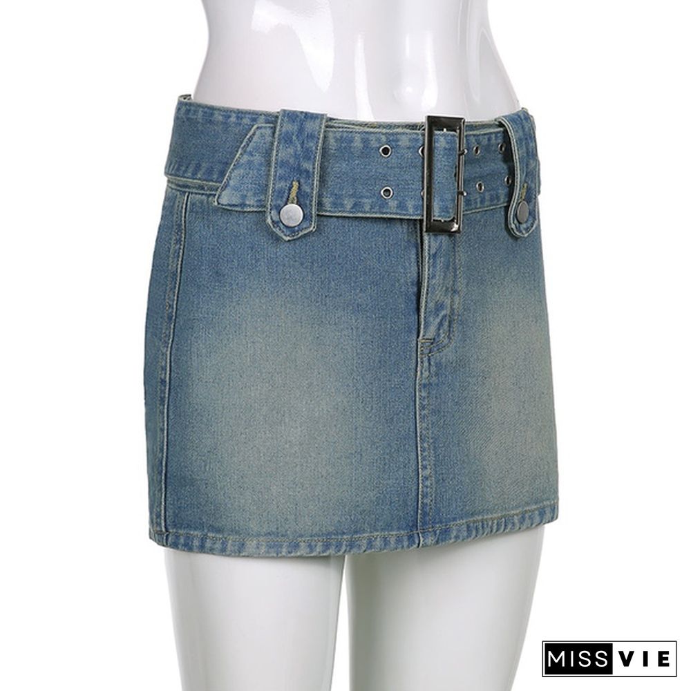 Women'S Jeans Skirt Y2K Belt Mini Denim Skirt Korean Low Waist Straight Short Skirt Summer Harajuku Sexy Vintage