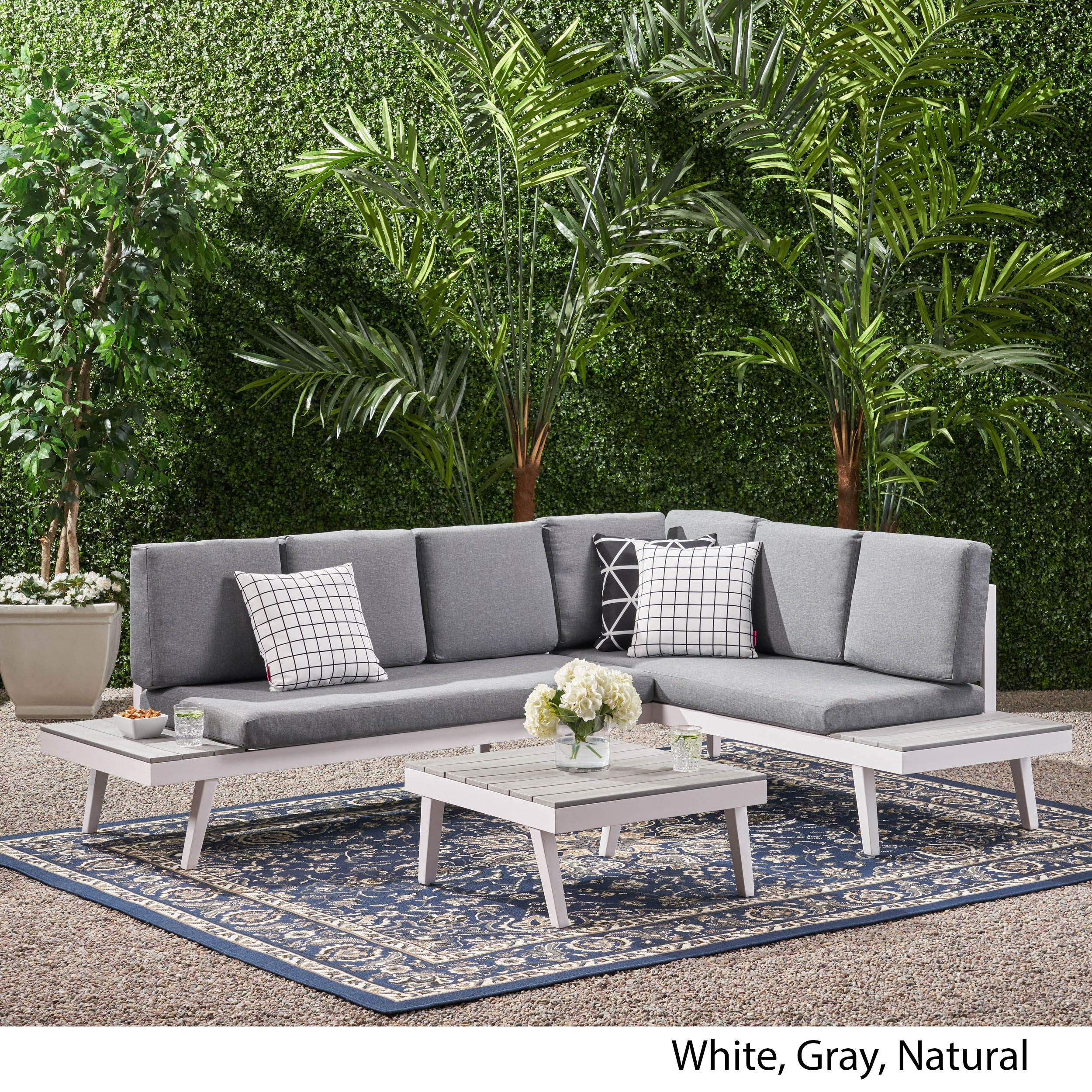 Taylor Outdoor Aluminum Sofa Sectional with Faux Wood Accents, White and Gray