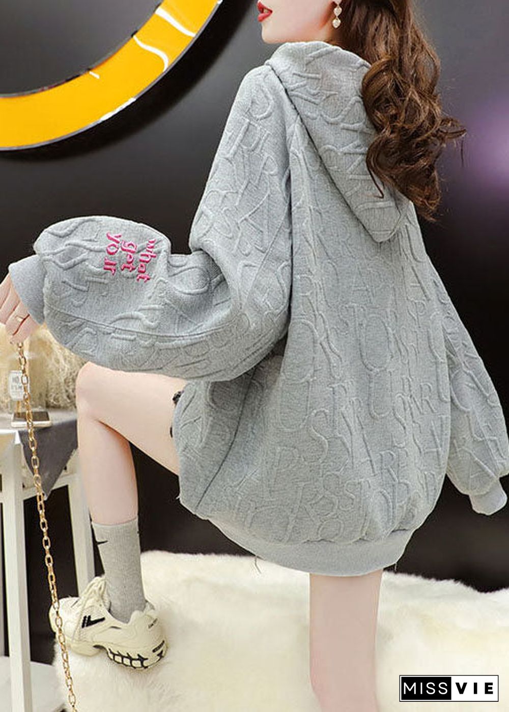 New Grey hooded drawstring Embroideried Fall Sweatshirt Street wear