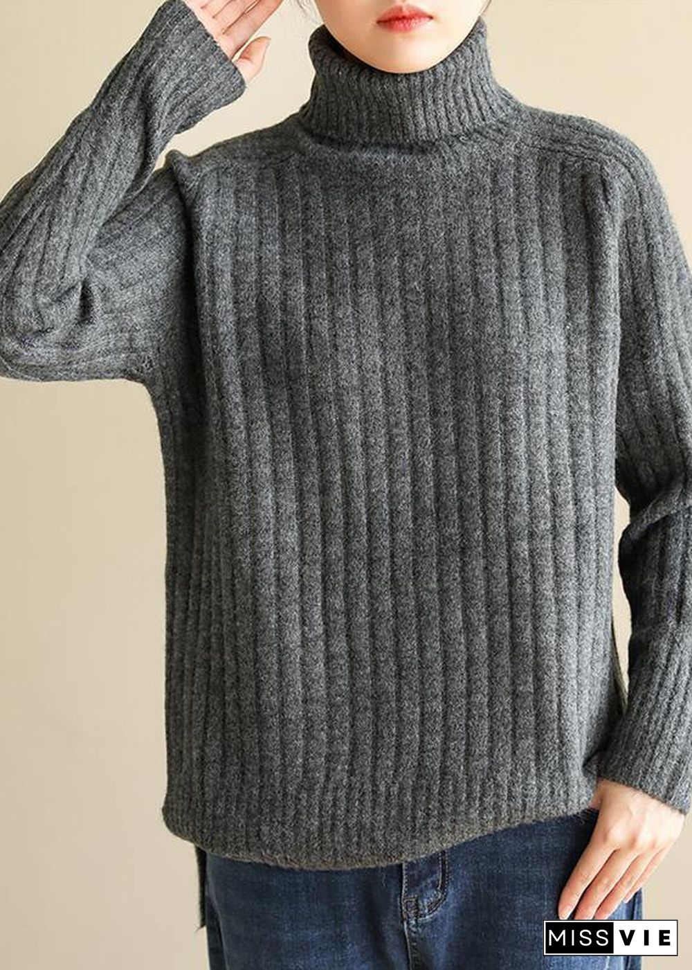 For Spring wild gray knitwear oversize high neck knit blouse