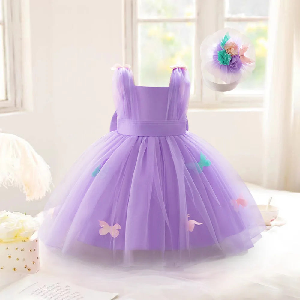 Newborn Purple First 1st Birthday Dress For Baby Girl Clothes Butterfly Princess Dress Elegant Girls Dresses Baptism Party Gown