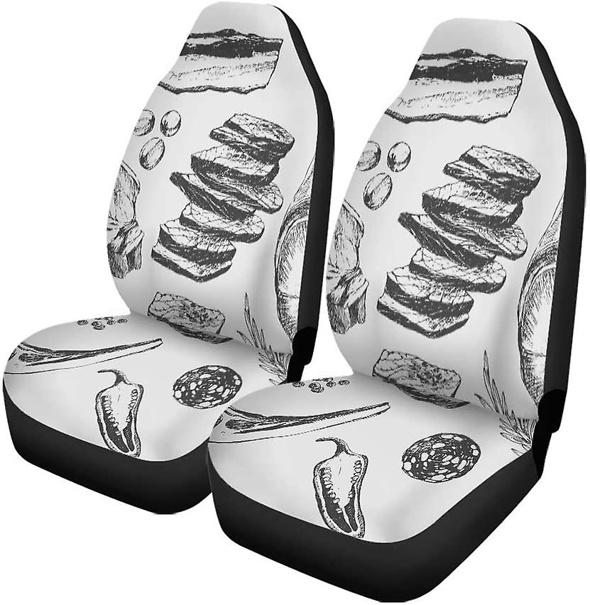 Set Of 2 Car Seat Covers Steak Meat Pepper And Rosemary Detailed Ink Food Bacon Universal Auto Front Seats Protector Fits