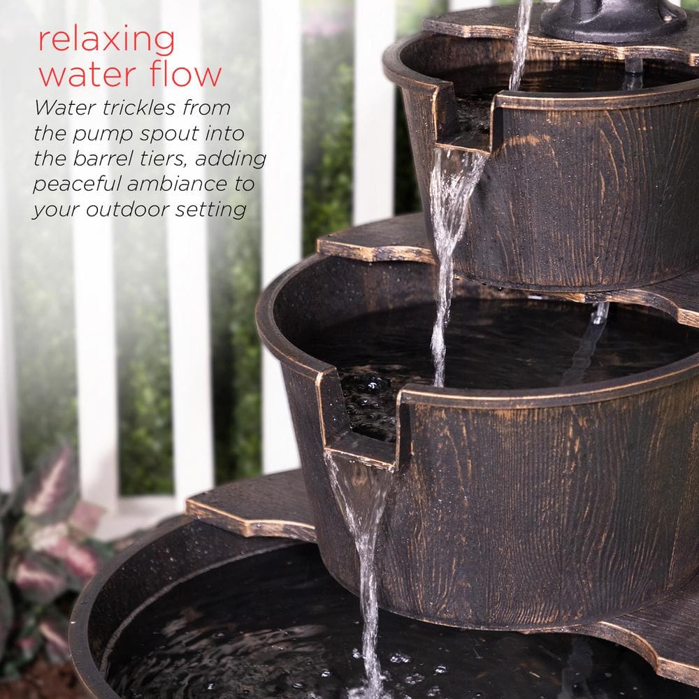 Alpine Corporation 40 in. Tall Outdoor 3-Tier Barrel Pump Waterfall Fountain, Brown TEC234BR