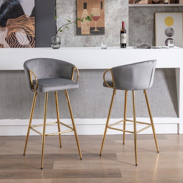 30 Inch Set of 2 Bar Stools with Chrome Footrest and Base Velvet and Golden Leg Simple Bar Stool for Kitchen