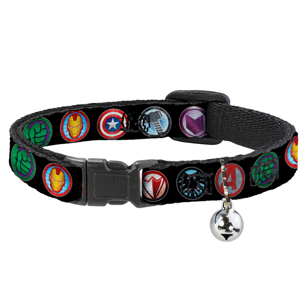 Marvel Comics Cat Collar， Breakaway Collar with Bell， Avenger Icons Black Multi Color， 8.5 to 12 Inches 0.5 Inch Wide