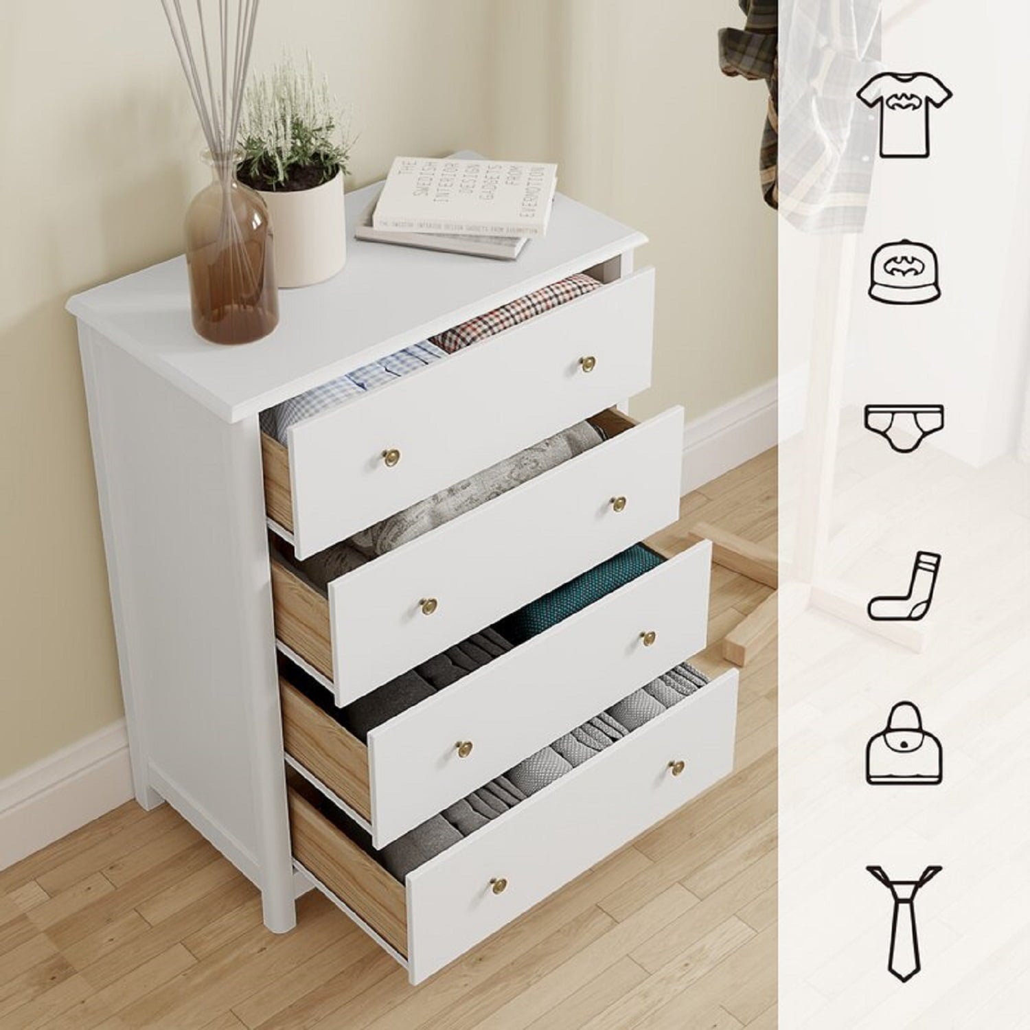 Homfa Horizontal Dresser with 4 Drawer, Wide Chest of Drawers Nightstand for Bedroom Kids Room Closet Entryway, White