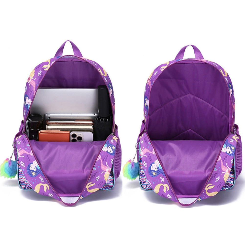 3 in 1 Kid Bookbags Set Girls Mermaid Sequins Backpack with Lunch Bag Pencil Case for School Outdoor Travel Camping Picnic