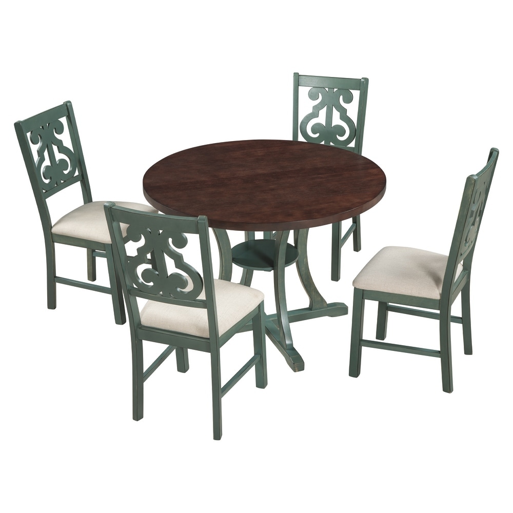 Antique Blue 5 Piece Round Dining Table Sets and 4 Fabric Chairs