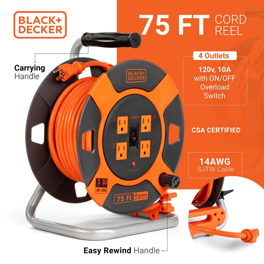 BLACK+DECKER 75 ft. 4 Outlets Retractable Extension Cord with 14 AWG SJTW Cable Outdoor Power Cord Reel BDXPA0063