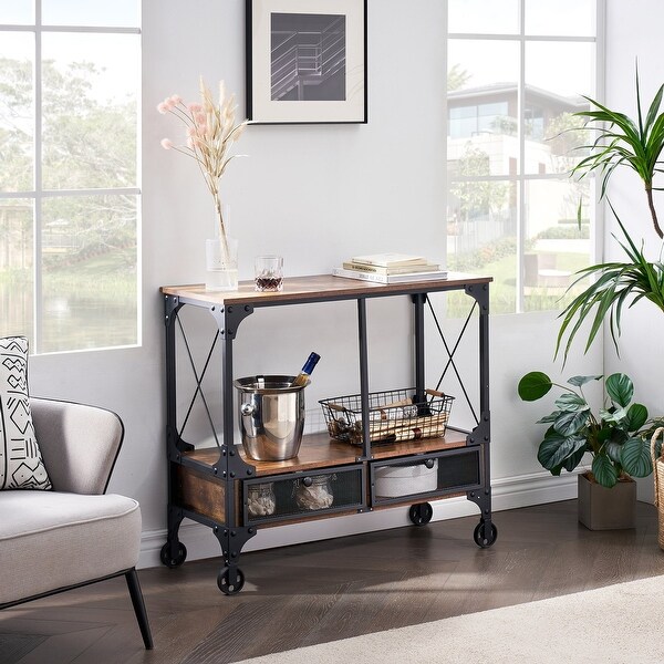 Industrial Console Table with Drawer and Storage Shelf， 4-Foot Wheels， Brown