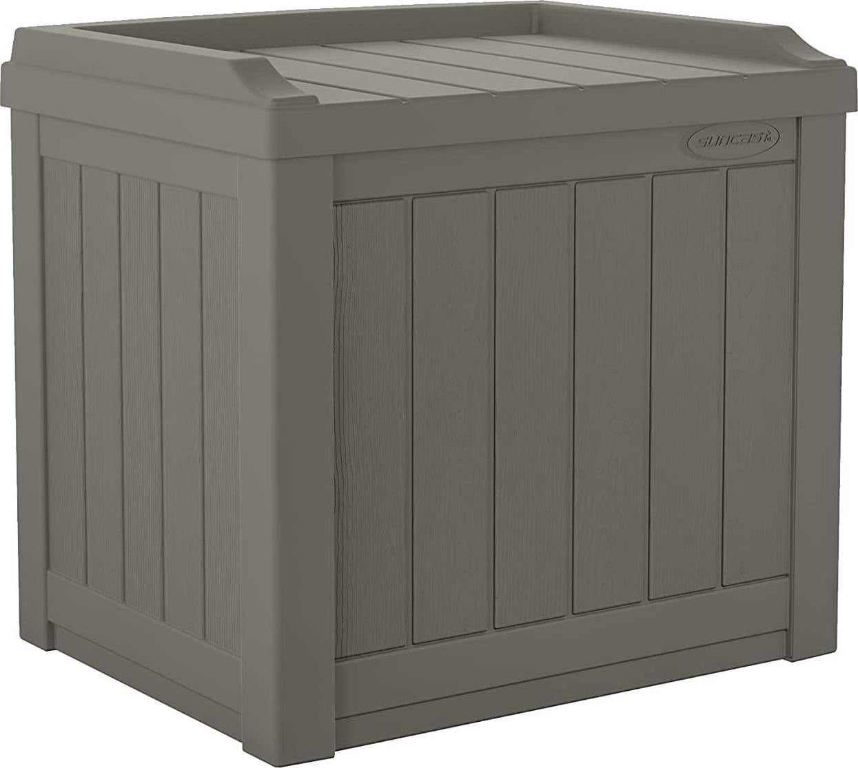 Suncast 22-Gallon Small Deck Box - Lightweight Resin Indoor/Outdoor Storage Container and Seat for Patio Cushions and Gardening Tools - Store Items on Garage, Yard - Stone Gray