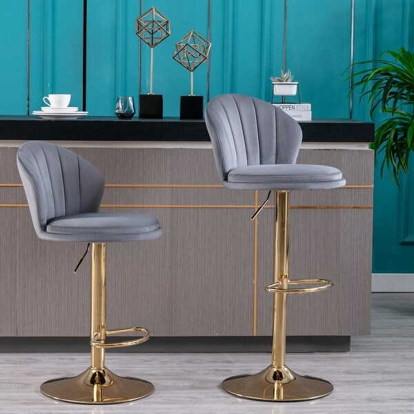 Modern Bar Stools Set of 2 Adjustable Mechanical Lifting Velvet and Golden Leg Bar Stool， Chrome Footrest and Base Swivel Height