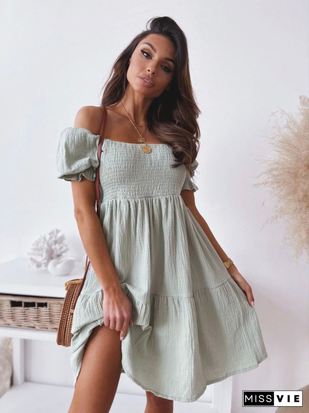 Women Summer Casual Dress Slash Collar Off Shoulder Short Sleeve Beach Dress Plus Size Mini Dress