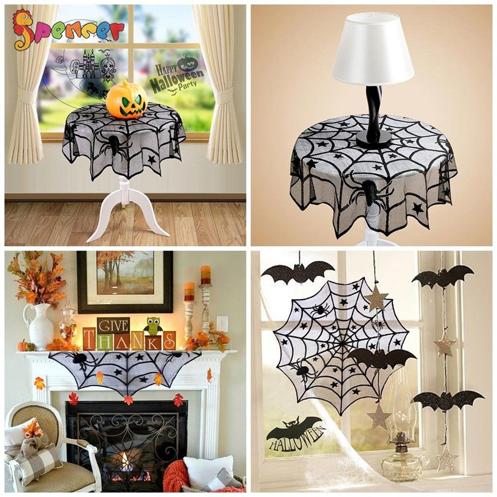 SpencerToys 40 Round Lace Spider Web Tablecloth， Black Table Topper Perfect for Halloween Party Dinner Table Decoration