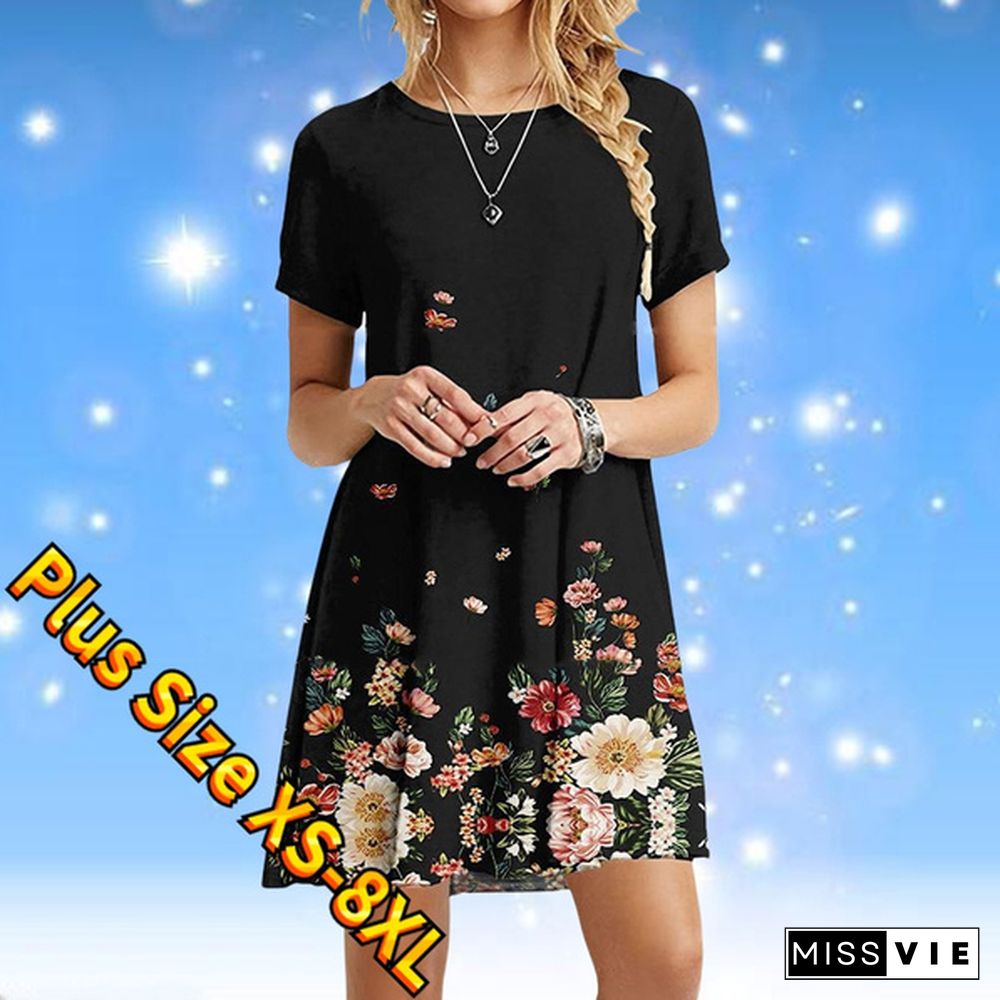 Women's Fashion Dress Flower Leaf Print Women's Casual Dress Summer Beach Short-sleeved Dress Plus Size XS-8XL