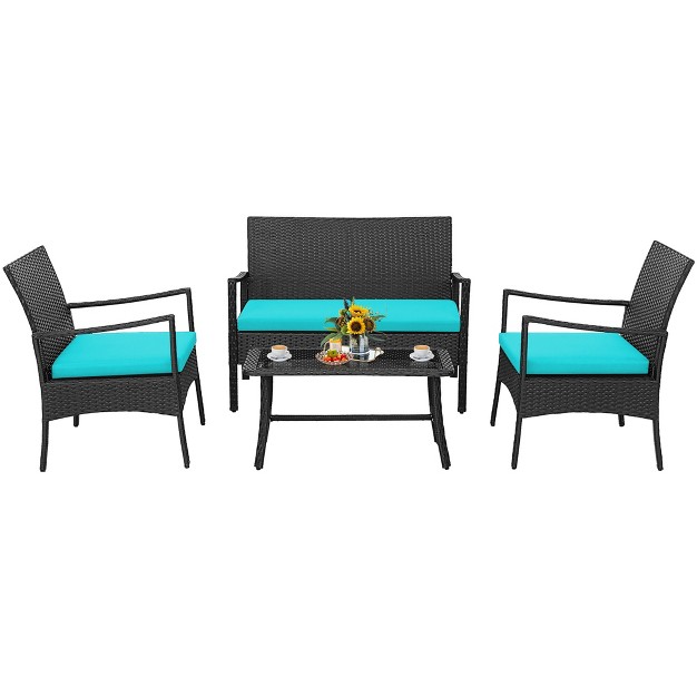 Costway 4pcs Patio Wicker Furniture Set Cushioned Chairs amp Loveseat With Coffee Table Garden