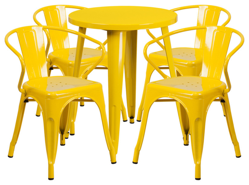 Flash 24 quotRound Metal Indoor/Outdoor Table Set With 4 Arm Chair   Industrial   Outdoor Dining Sets   by Virventures  Houzz