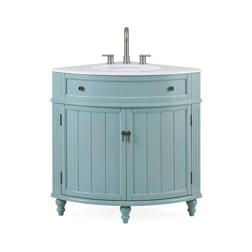 Benton Collection Thomasville 24 in. W x 24 in D. x 34.5 in. H Corner Bath Vanity in light blue with White Marble Top and porcelain Sink ZK-47544BU