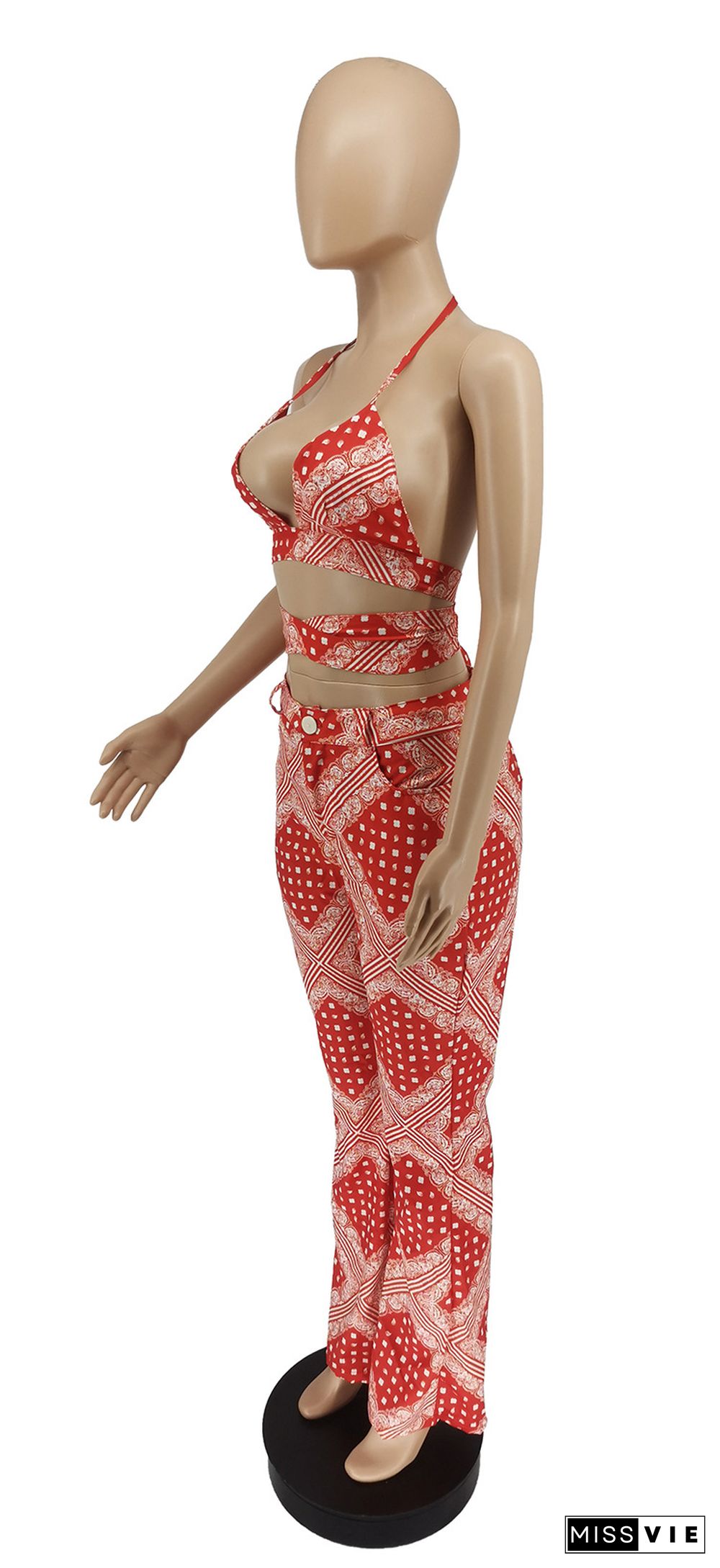 Summer Print Bandage Halter Bra Tops Pants 2 Piece Sets