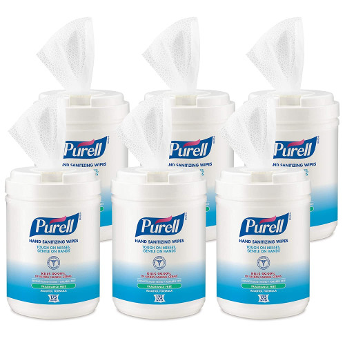 PURELL Hand Sanitizing Wipes Alcohol Formula， 6 x 7， White， 175/Canister， 6 Canisters/Carton (903106)