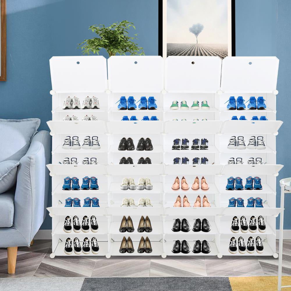 Ktaxon 32 Cubes 64 Pairs Modular Plastic Shoe Storage Cabinet Boxes Expandable 8 Tiers Shoe Rack Shelf Tower Stand Shoe Storage Organizer for Hallway Bedroom Closet Entryway White