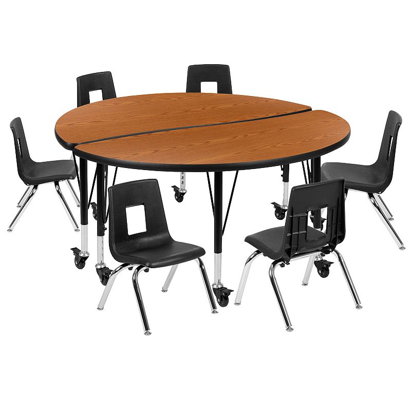 Emma and Oliver Mobile 47.5 Circle Wave Activity Table Set-12 Student Stack Chairs， Oak/Black