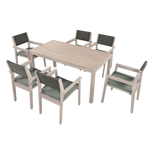 7Piece White Washed Outdoor Dining Set，with Rattan Backrest and Removable Cushions