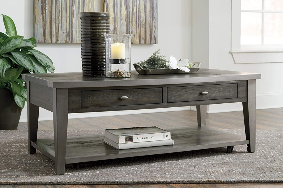 Rustic Coffee Table  Tapered Legs With 2 Storage Drawers  ampLower Shelf  Two Tone   Midcentury   Coffee Tables   by Declusia  Houzz