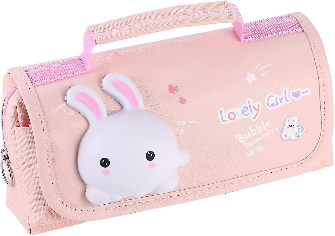 Veeki Pink Large Pencil Bag With Handle Kawaii Pencil Case For Girls With Decompression Doll Portable Large Pen Storage Bag For School