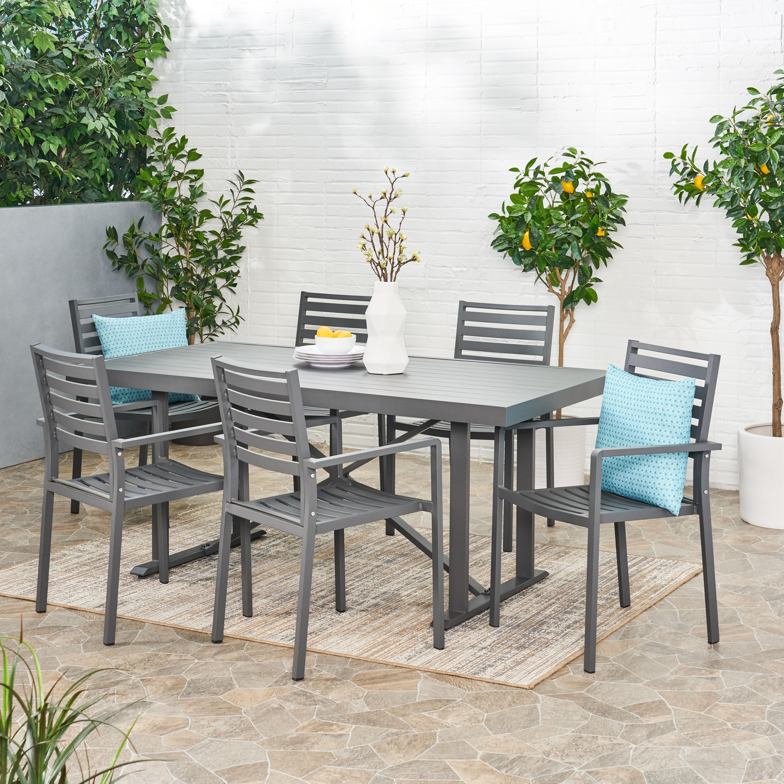 Fairground Outdoor Modern Industrial Aluminum 7 Piece Dining Set