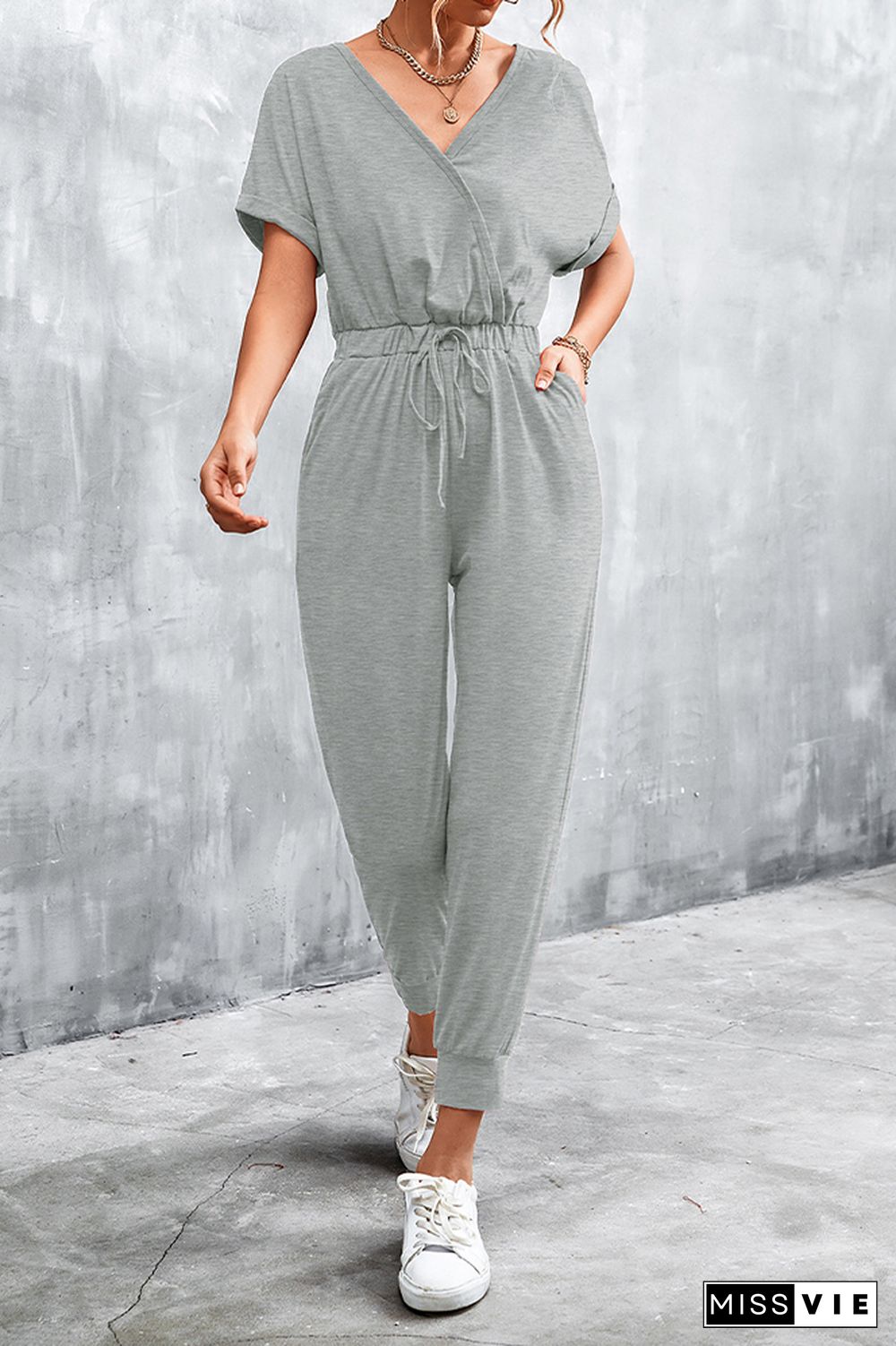 Solid Short Sleeve Drawstring Waist Jumpsuit Wholesale