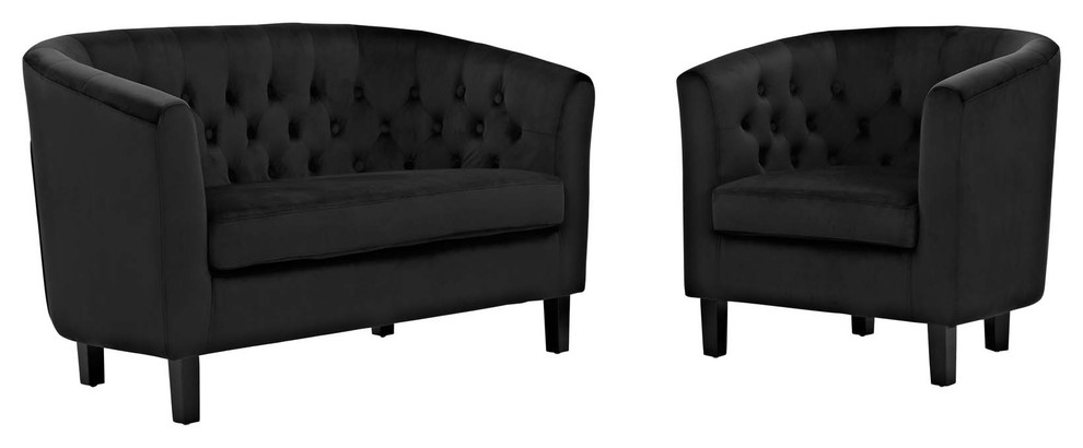 Prospect 2 Piece Velvet Loveseat and Armchair Set  Black   Transitional   Living Room Furniture Sets   by Homesquare  Houzz