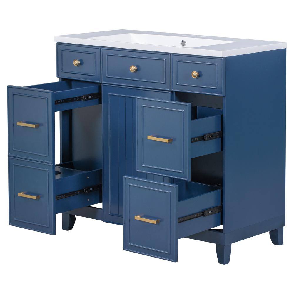 Aoibox 36 in. W x 18 in. D x 34 in. H Freestanding Bathroom Vanity Cabinet in Navy Blue with White Sink Top SNMX4439