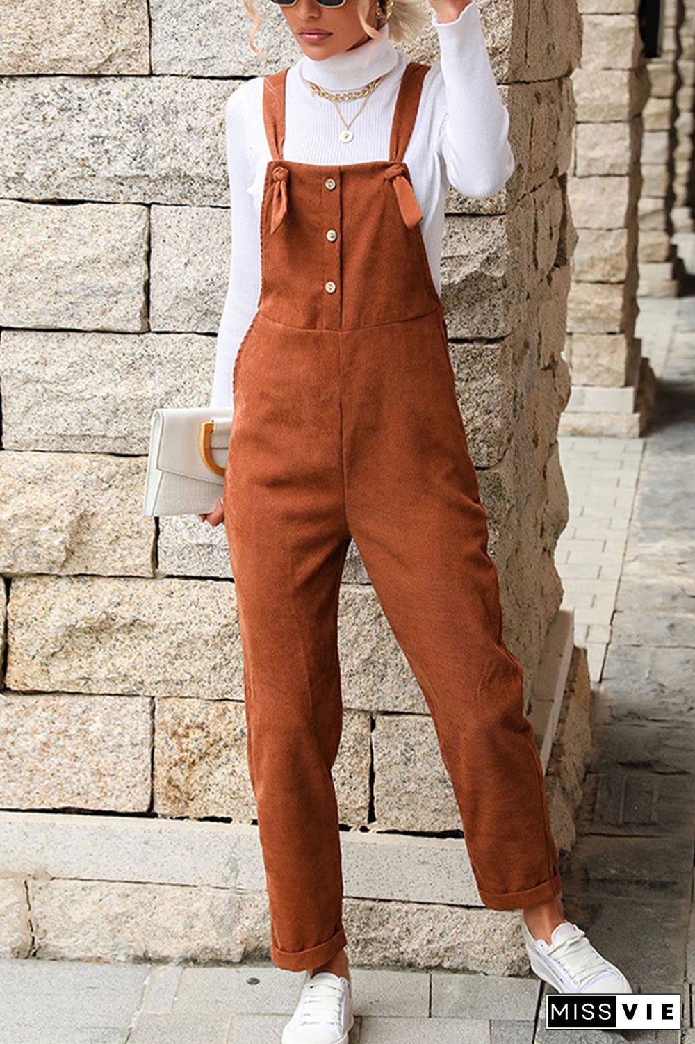 Brown Corduroy Tie Strap Button Down Jumpsuits