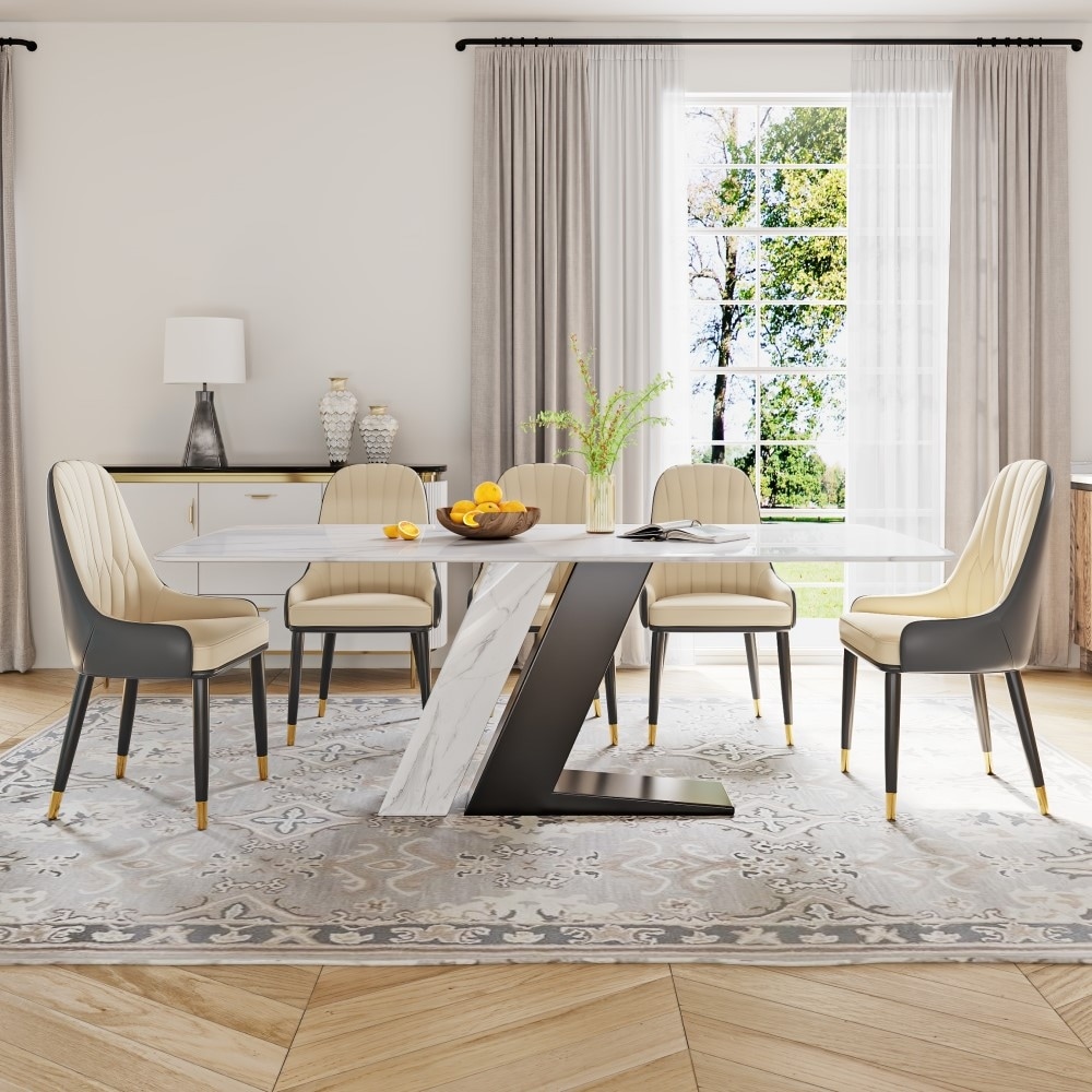 Modern and Luxury White Dining Table  with Rectangular Sintered Stone Tabletop Z shaped Stainless Steel Base