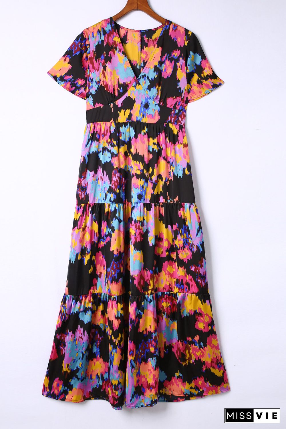 Black Abstract Floral Pattern Flutter Sleeve Tiered Maxi Dress