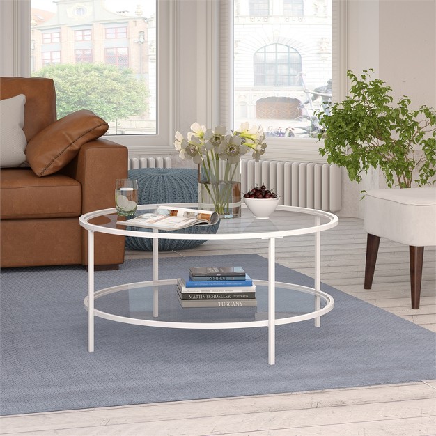 Two Shelf Round Metal Base Coffee Table In White With Glass Top Henn amp hart