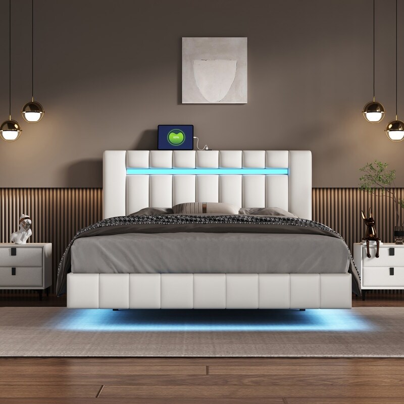 PU Upholstered Platform Bed with LED Lights and USB Charging Queen Size