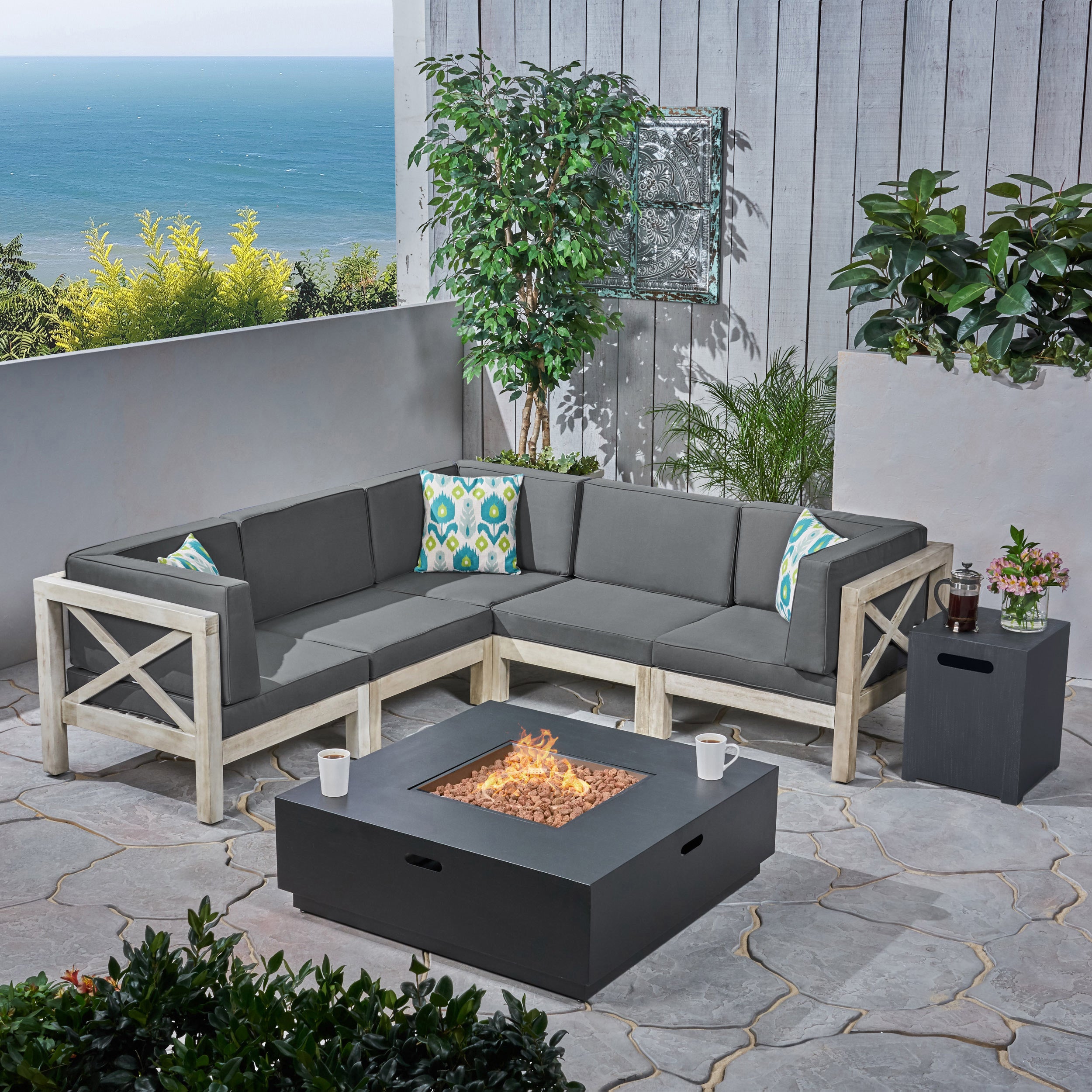 Gina Outdoor Acacia Wood 5 Seater Sectional Sofa Set with Fire Pit