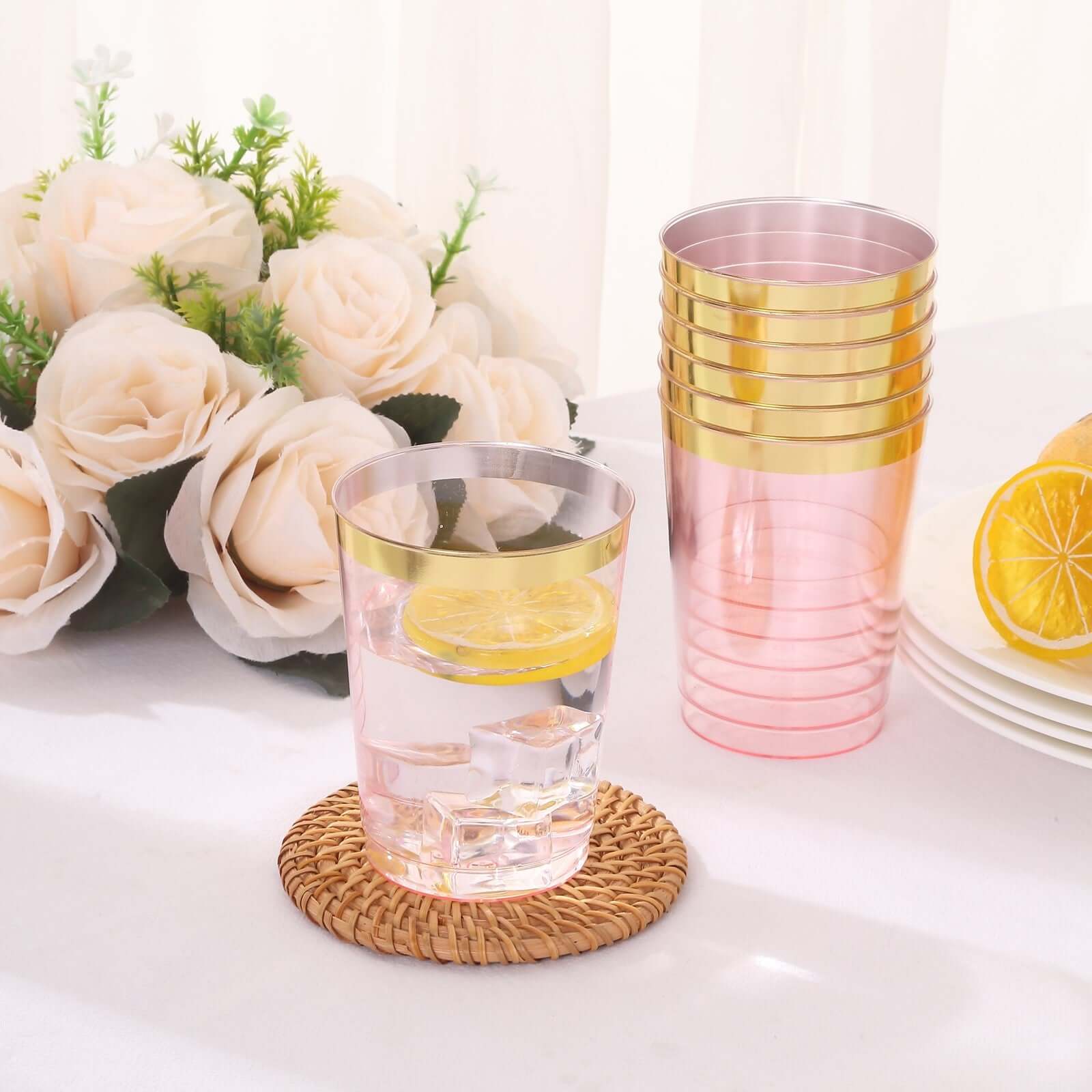 25 Pack Transparent Blush Crystal Plastic Tumbler Drink Glasses With Gold Rim, Disposable Party Cups 10oz