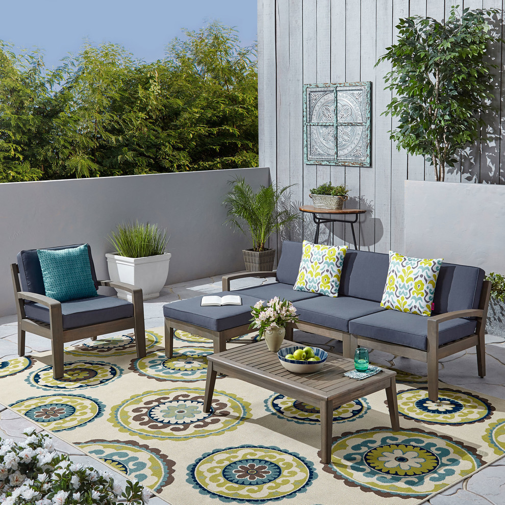 GDF Studio Sally Outdoor 4 Seater Acacia Sectional Set With Ottoman and Cushions   Transitional   Outdoor Lounge Sets   by GDFStudio  Houzz