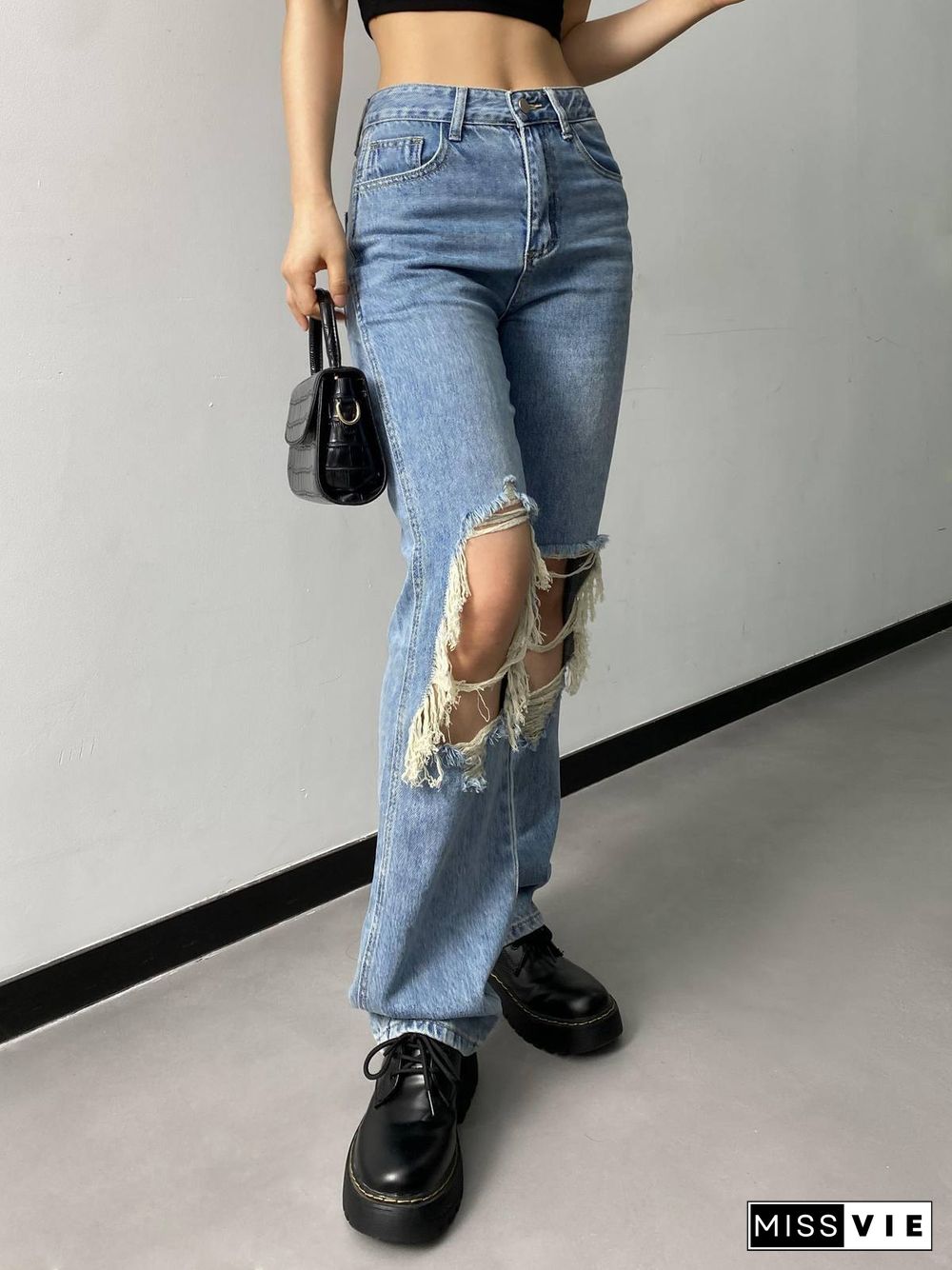 Distressed High Waist Ripped Jeans