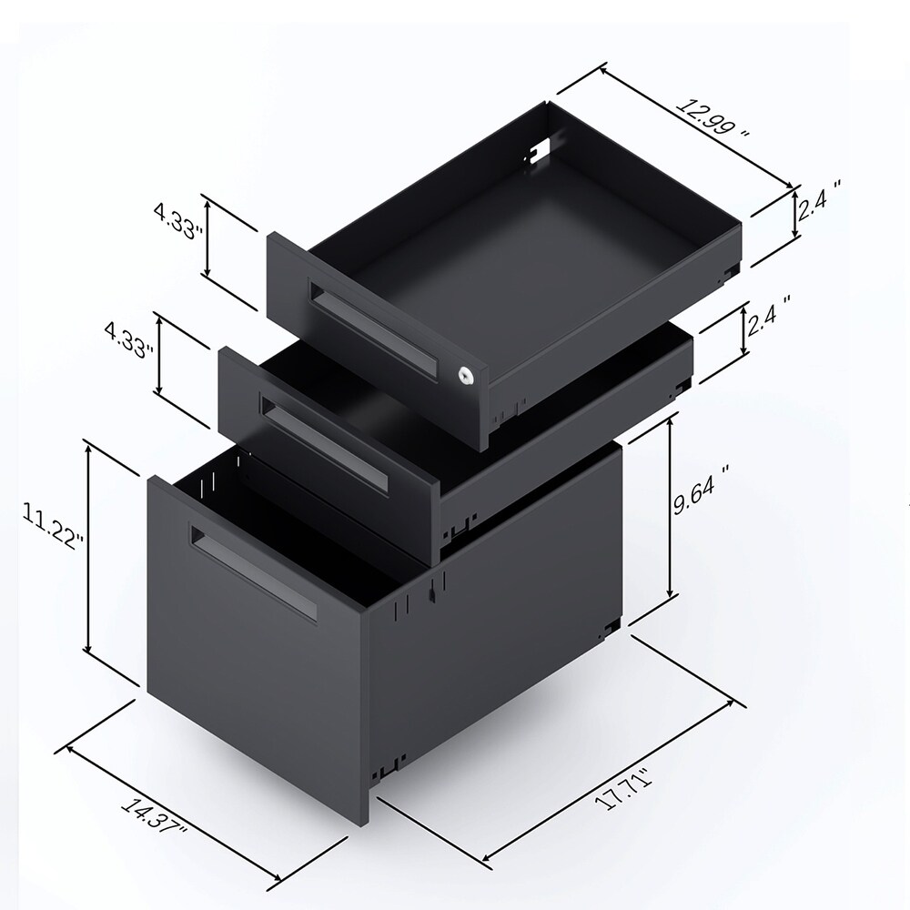 3 Drawer Metal Mobile Vertical Locking File Cabinet with Lock  Under Desk Rolling Filing Cabinets