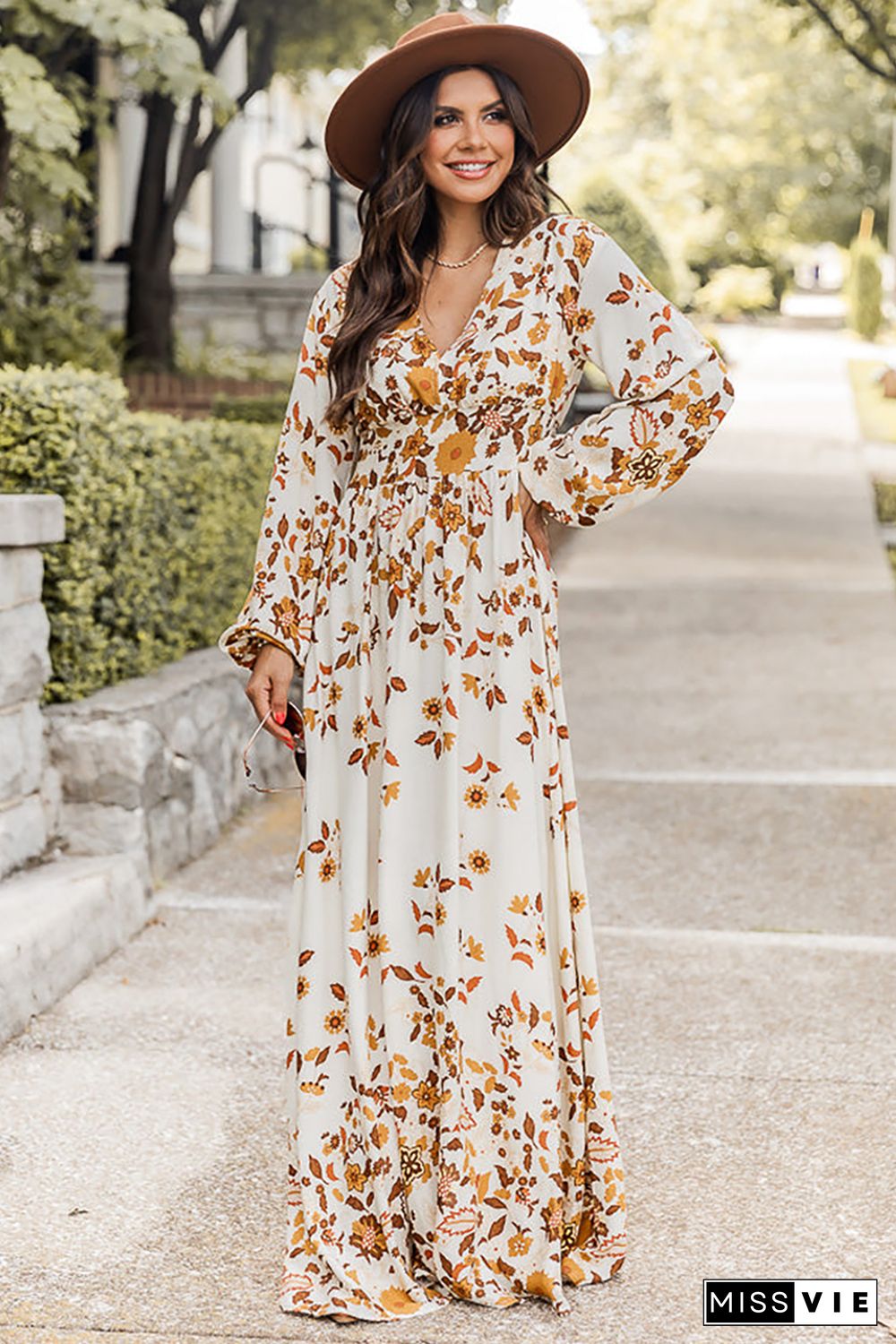 Yellow Leaf Print V Neck Puff Sleeve Maxi Dress