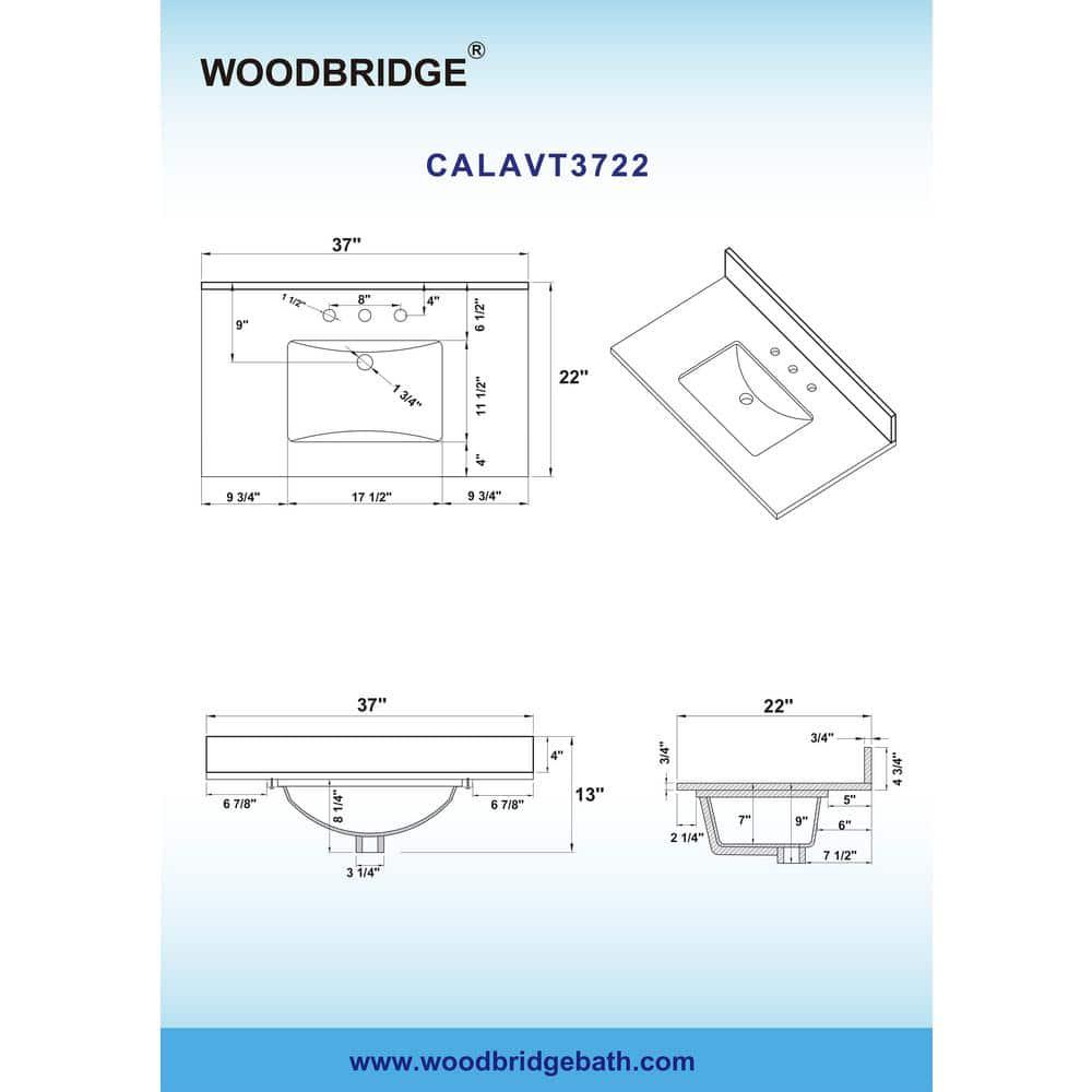 WOODBRIDGE 37 in W x 22 in D Engineered Stone Vanity Top in Carrara White with White Single Sink