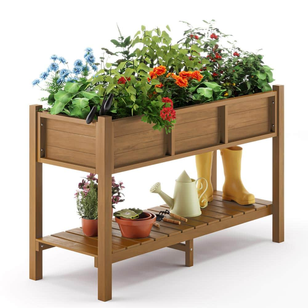 LUE BONA Raised Garden Bed， Elevated Wood Planter Box Stand for Backyard， Patio， Balcony-Teak DPTHD23002-5