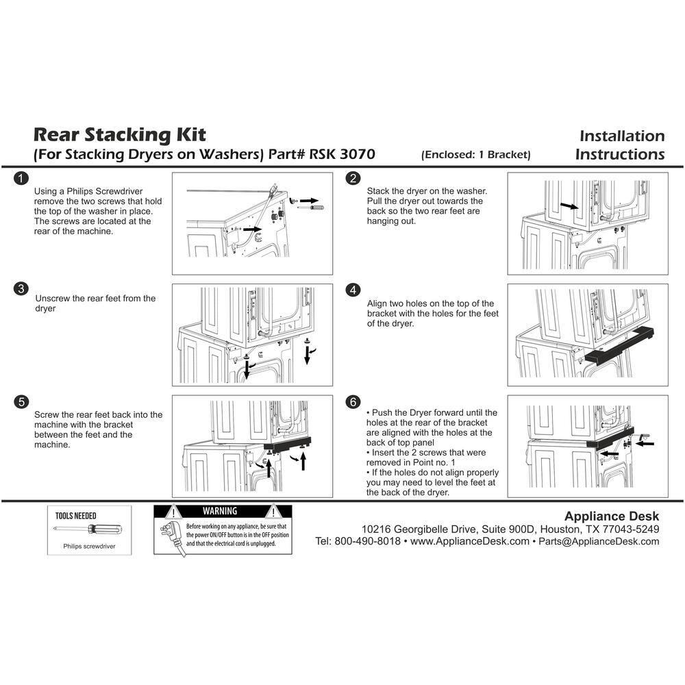 EQUATOR ADVANCED Appliances Laundry Appliances Rear Stacking Kit RSK 3070